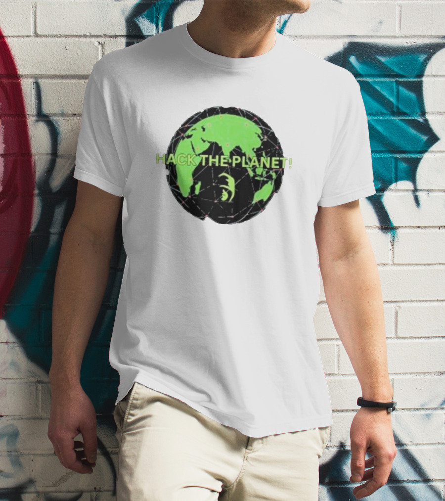 Hack The Planet Green And Black Globe Motif T-Shirt