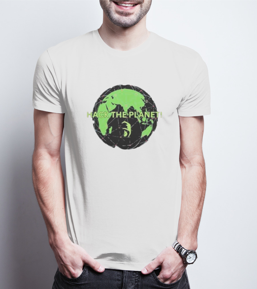 Hack The Planet Green And Black Globe Motif T-Shirt