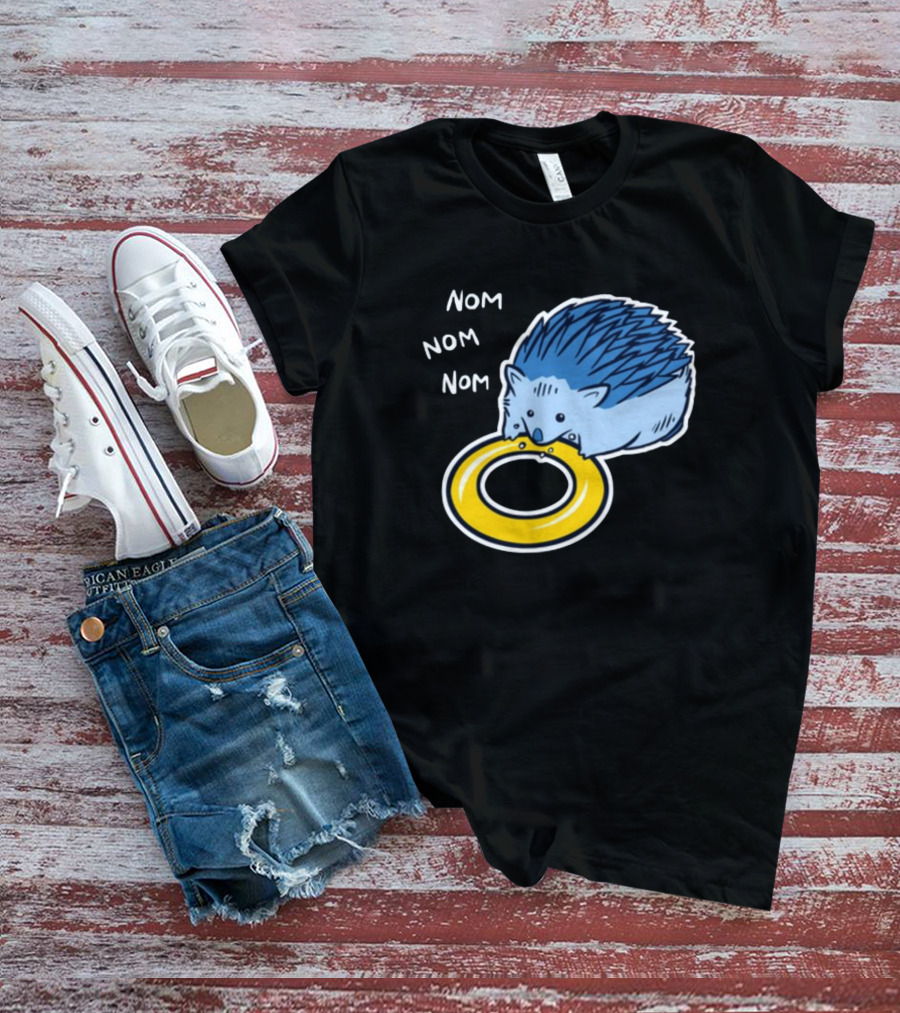 Sam Logan Hungry Blue Hedgehog Nom Nom Nom Eating Yellow Ring T-Shirt