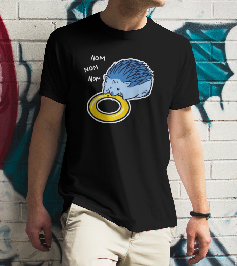 Sam Logan Hungry Blue Hedgehog Nom Nom Nom Eating Yellow Ring T-Shirt