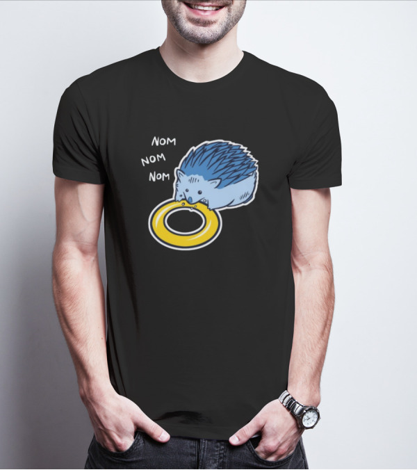 Sam Logan Hungry Blue Hedgehog Nom Nom Nom Eating Yellow Ring T-Shirt
