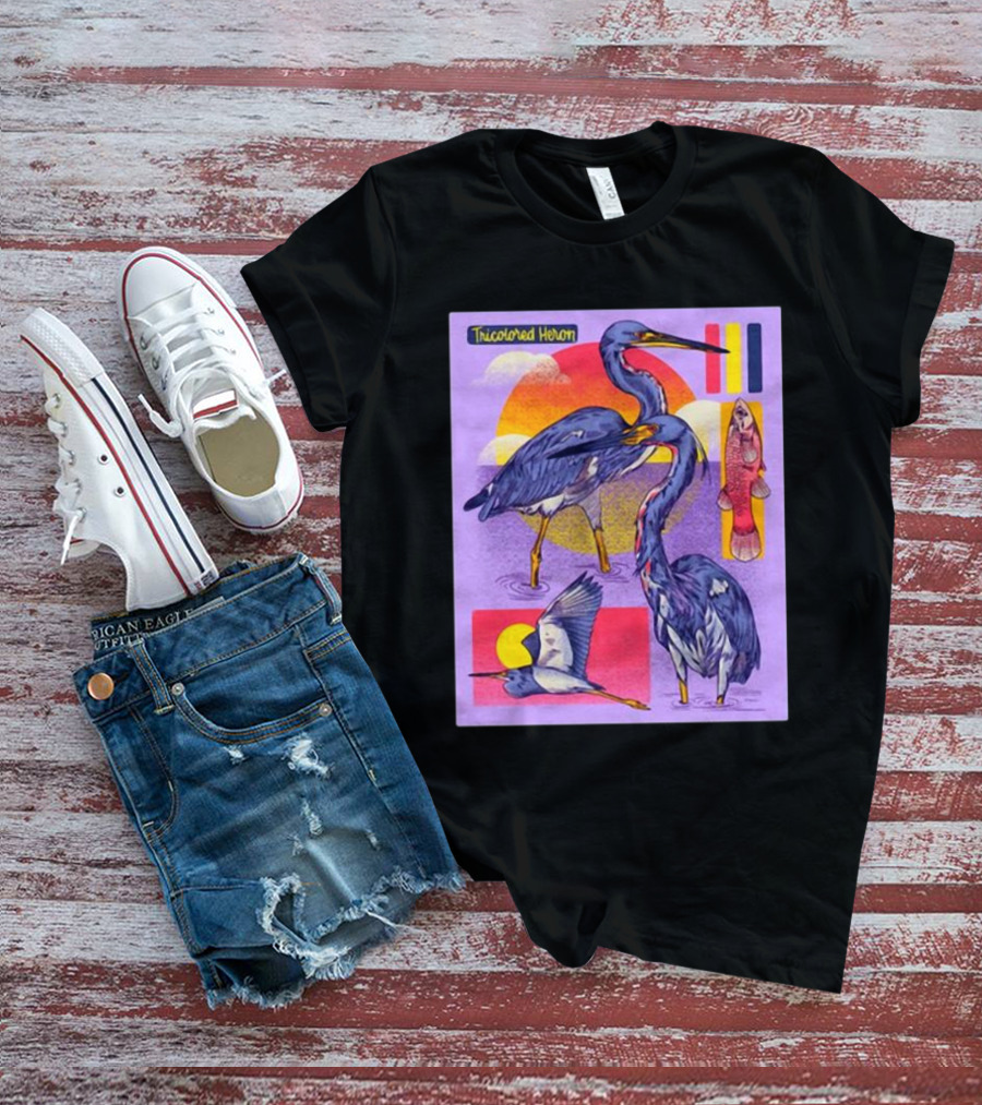 Tricolored Heron Sunset Scene With Fish And Flying Heron T-Shirt