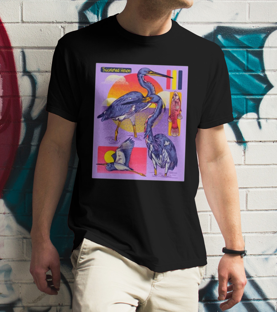 Tricolored Heron Sunset Scene With Fish And Flying Heron T-Shirt