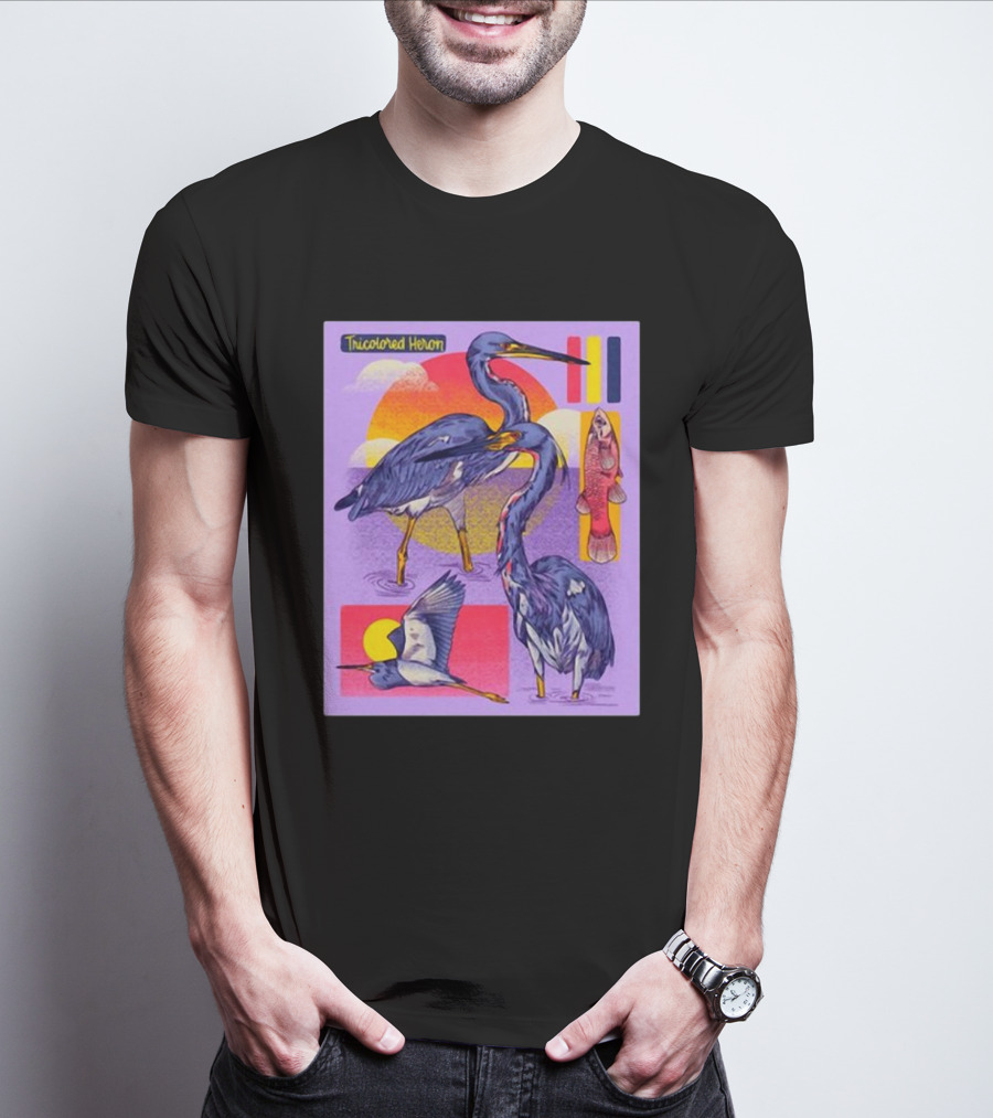 Tricolored Heron Sunset Scene With Fish And Flying Heron T-Shirt