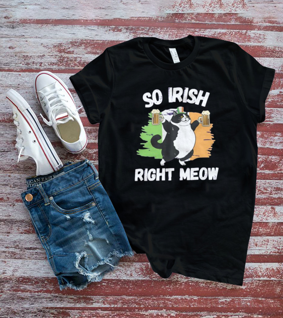 So Irish Right Meow Cat Holding Beer With Irish Flag In Background T-Shirt
