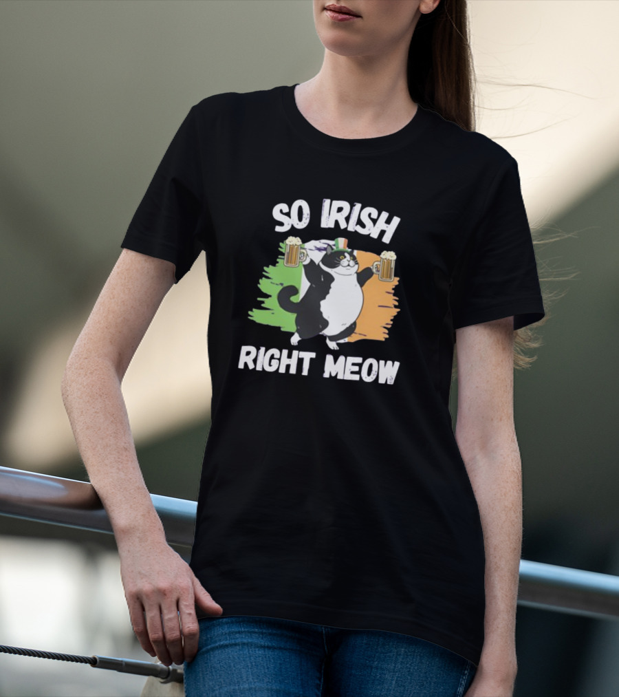 So Irish Right Meow Cat Holding Beer With Irish Flag In Background T-Shirt