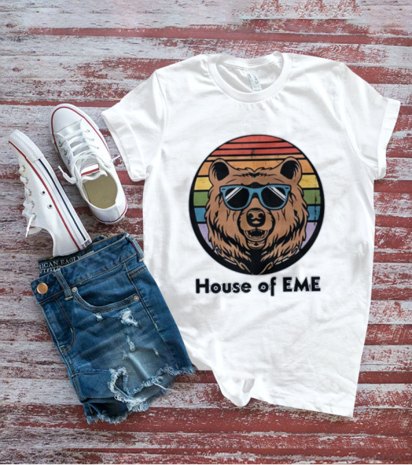 Migs Santillan House Of EME Bear Logo Sunglasses Rainbow Background T-Shirt