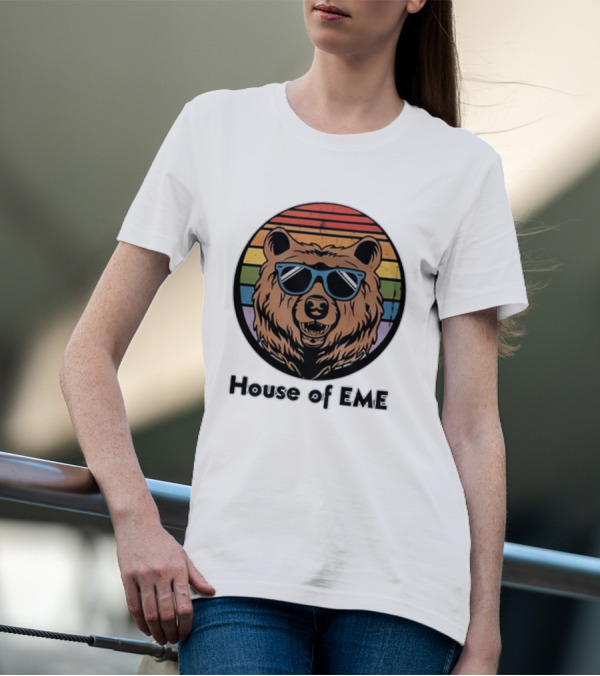 Migs Santillan House Of EME Bear Logo Sunglasses Rainbow Background T-Shirt