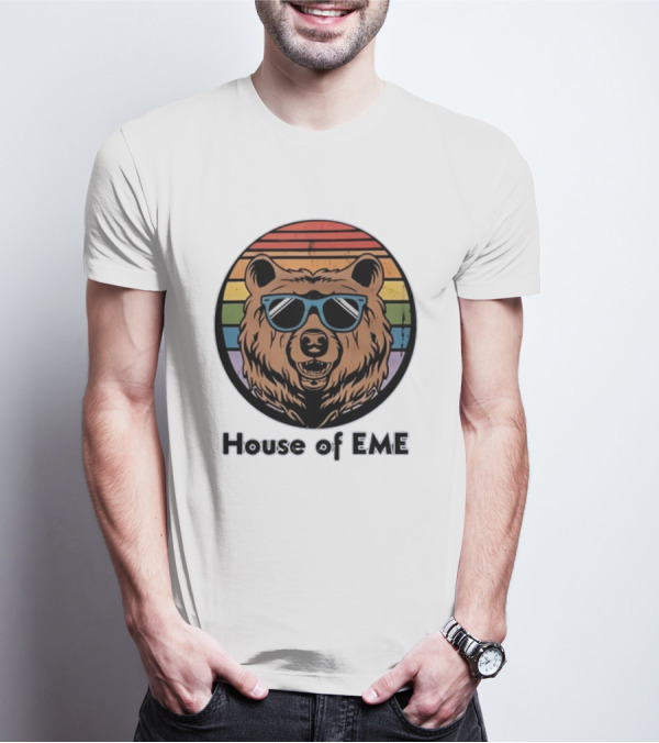 Migs Santillan House Of EME Bear Logo Sunglasses Rainbow Background T-Shirt