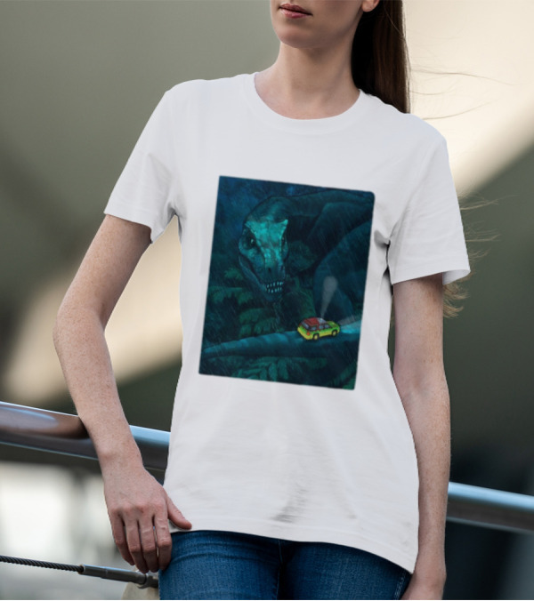 Jurassic Park T-Rex And SUV Night Scene Rainy Adventure T-Shirt