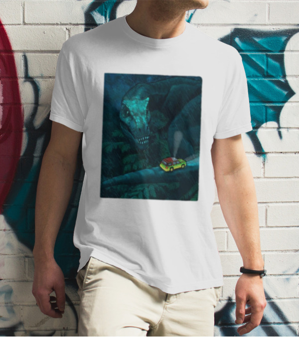 Jurassic Park T-Rex And SUV Night Scene Rainy Adventure T-Shirt