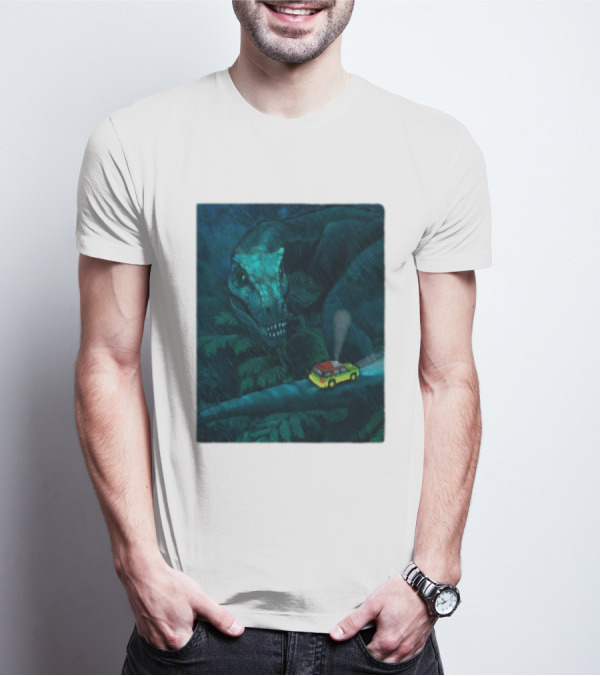 Jurassic Park T-Rex And SUV Night Scene Rainy Adventure T-Shirt