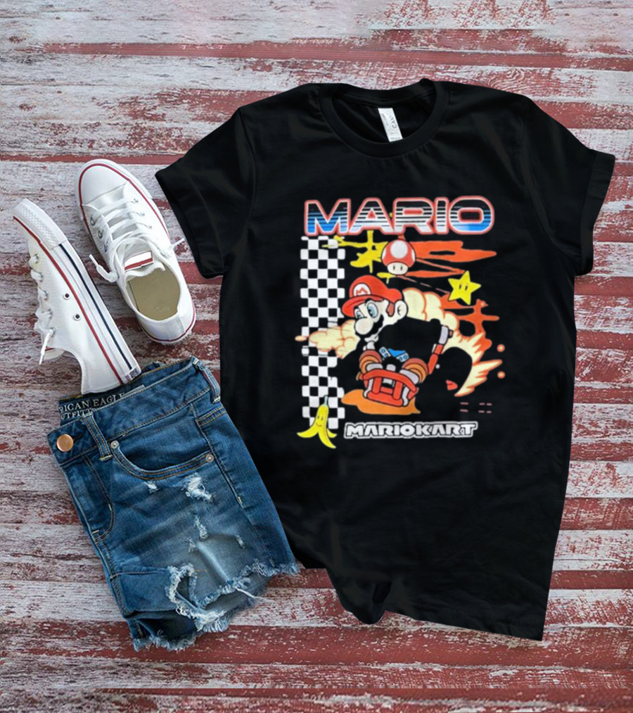 Mario Kart Racing Finish Line Checkered Flag Banana Stars T-Shirt