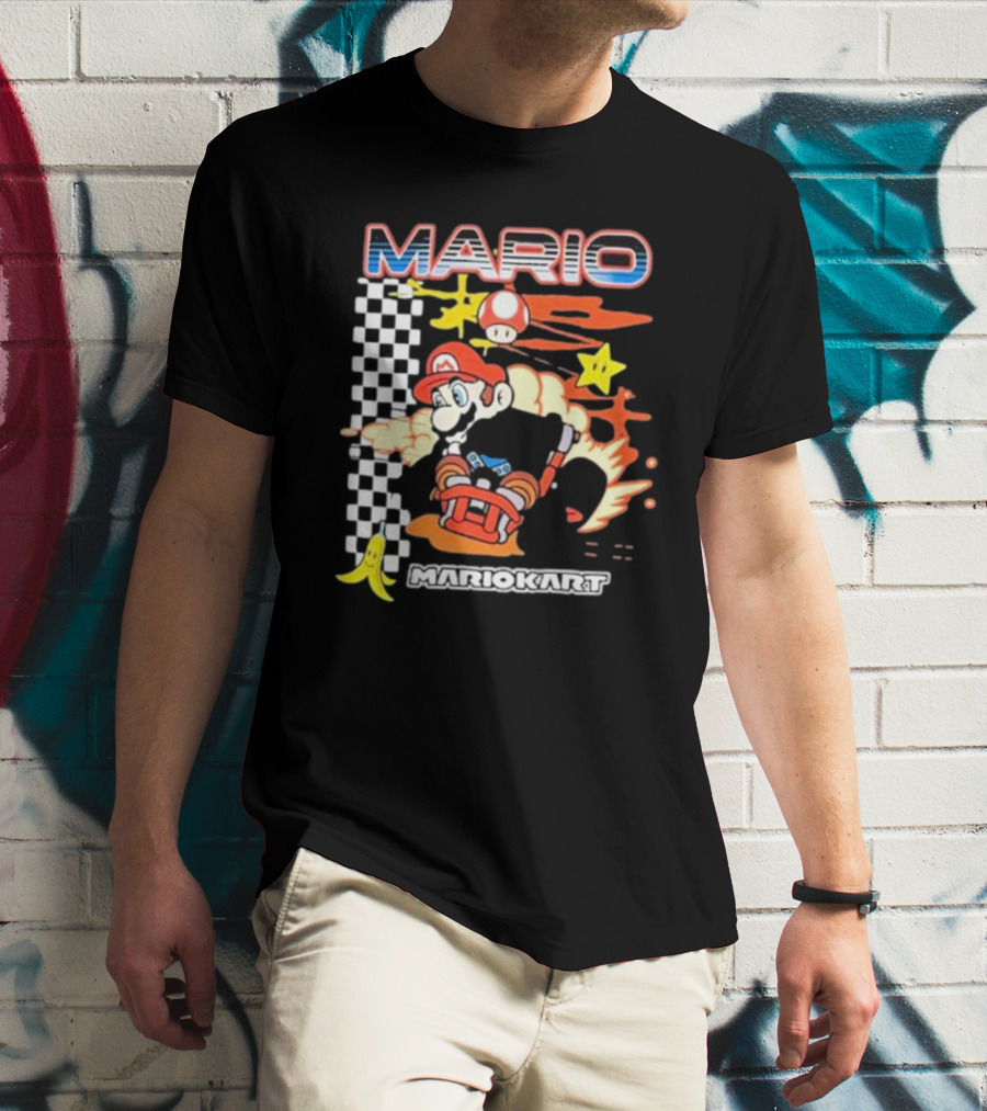 Mario Kart Racing Finish Line Checkered Flag Banana Stars T-Shirt