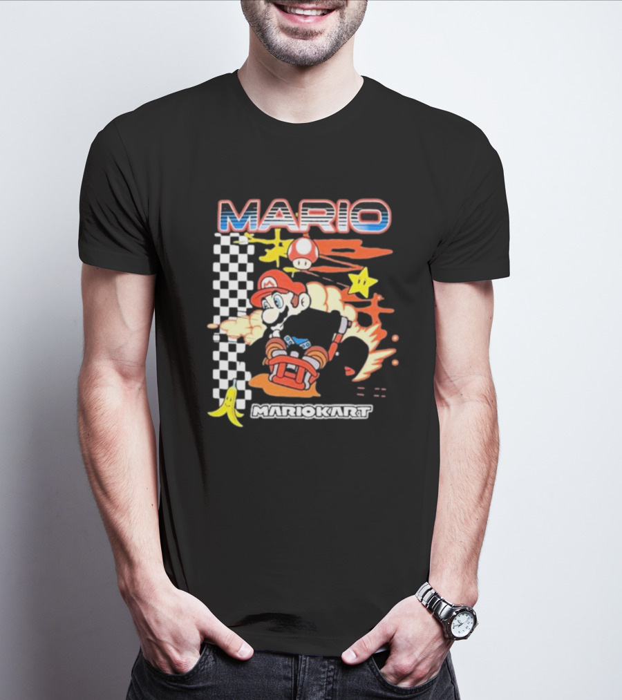 Mario Kart Racing Finish Line Checkered Flag Banana Stars T-Shirt