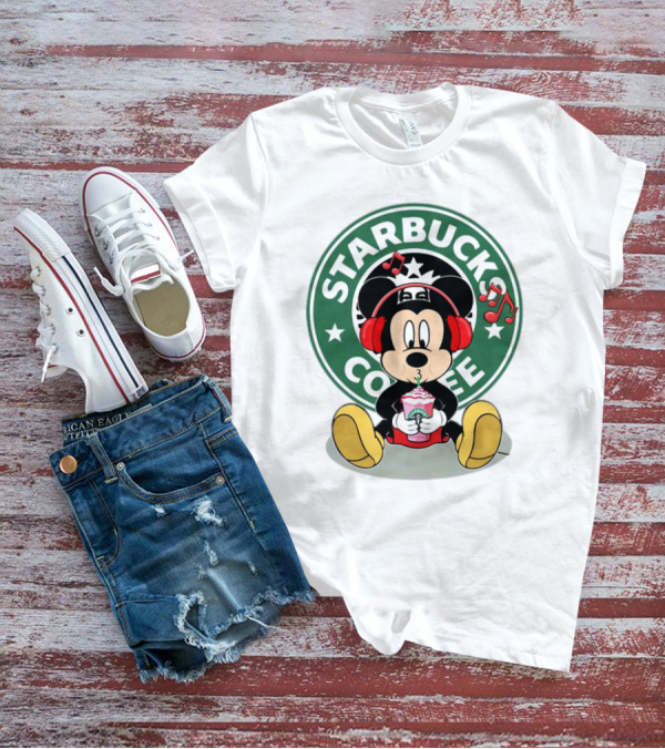 Mickey Mouse Listening To Music With Starbucks Coffee Cup T-Shirt