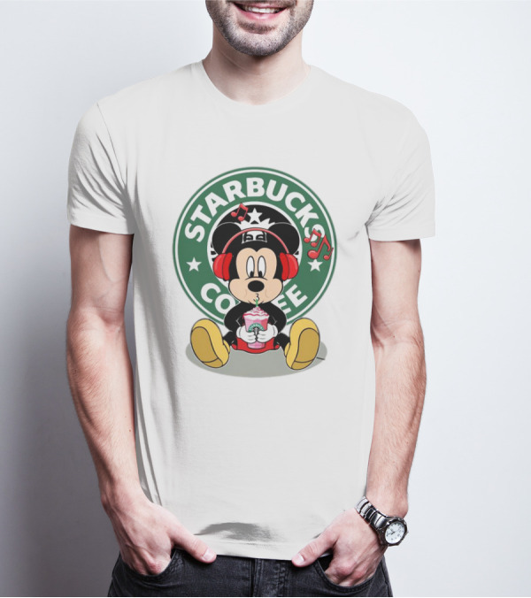 Mickey Mouse Listening To Music With Starbucks Coffee Cup T-Shirt