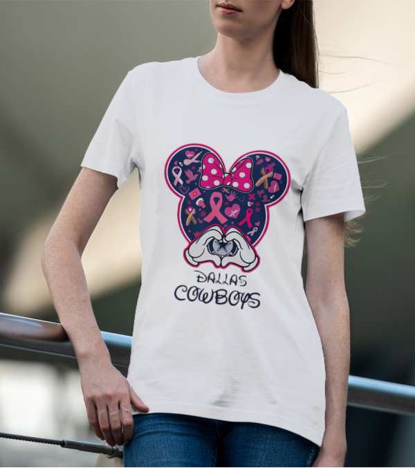 Minnie Mouse Pink Ribbon Heart Hands Dallas Cowboys Breast Cancer Awareness T-Shirt