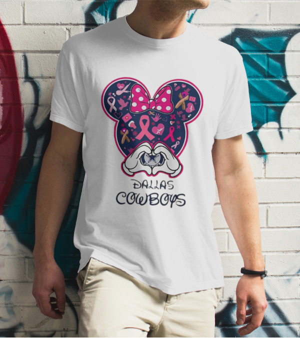 Minnie Mouse Pink Ribbon Heart Hands Dallas Cowboys Breast Cancer Awareness T-Shirt