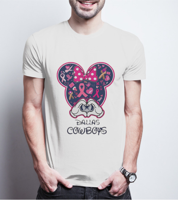 Minnie Mouse Pink Ribbon Heart Hands Dallas Cowboys Breast Cancer Awareness T-Shirt
