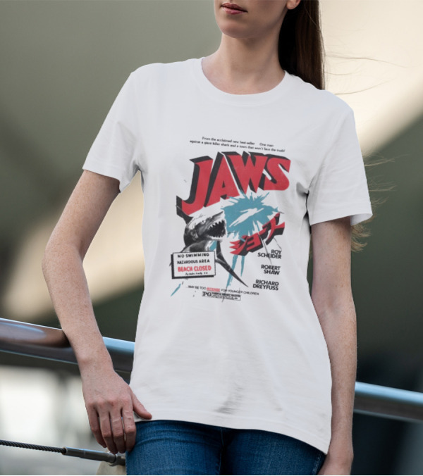 Jaws One Man Against A Giant Killer Shark Beach Closed Hazardous Area Roy Scheider Robert Shaw Richard Dreyfuss T-Shirt