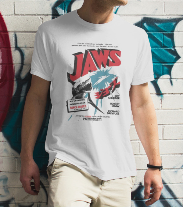 Jaws One Man Against A Giant Killer Shark Beach Closed Hazardous Area Roy Scheider Robert Shaw Richard Dreyfuss T-Shirt