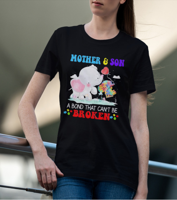 Mother And Son Elephants Autism Puzzle Heart A Bond That Can't Be Broken T-Shirt
