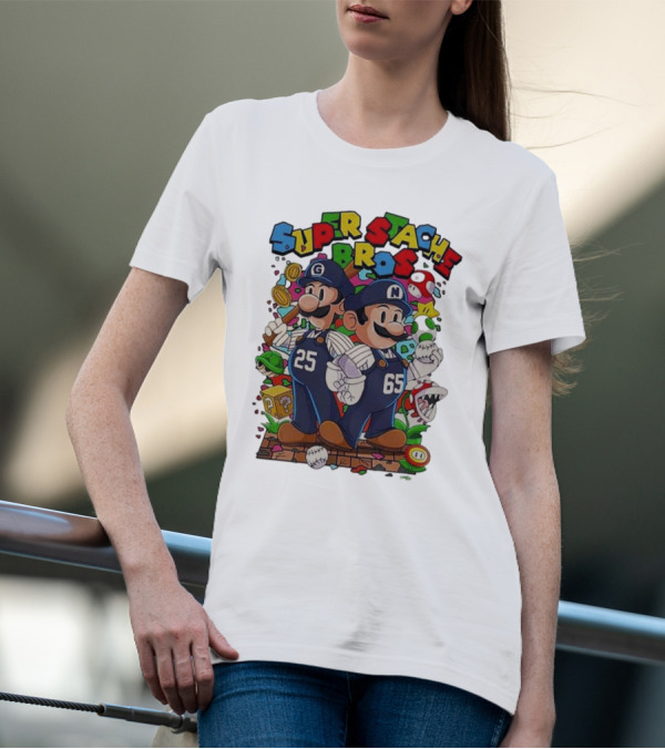 Super Stache Bros Numbers 25 And 65 Baseball Mario T-Shirt