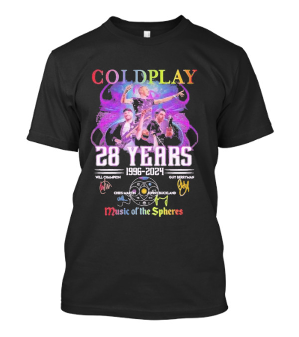 COLDPLAY 28 Years 1996-2024 Music Of The Spheres World Tour Signatures Will Champion Chris Martin Guy Berryman Jonny Buckland T-Shirt