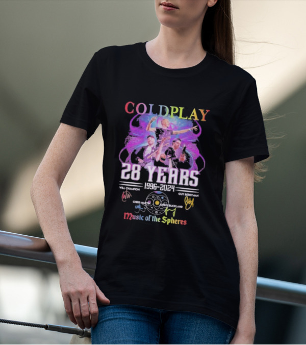 COLDPLAY 28 Years 1996-2024 Music Of The Spheres World Tour Signatures Will Champion Chris Martin Guy Berryman Jonny Buckland T-Shirt
