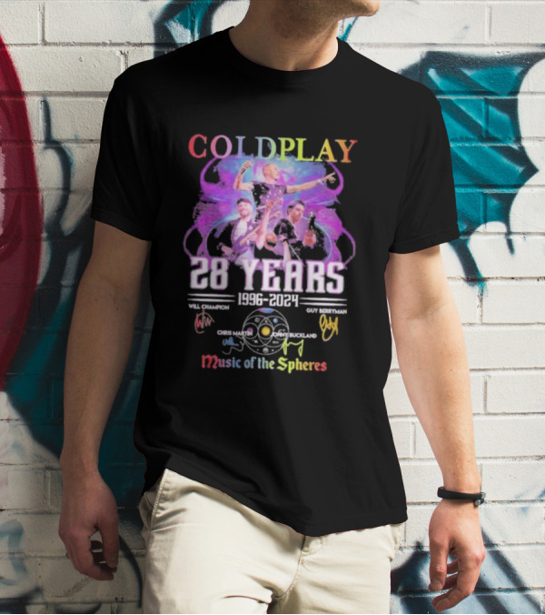COLDPLAY 28 Years 1996-2024 Music Of The Spheres World Tour Signatures Will Champion Chris Martin Guy Berryman Jonny Buckland T-Shirt