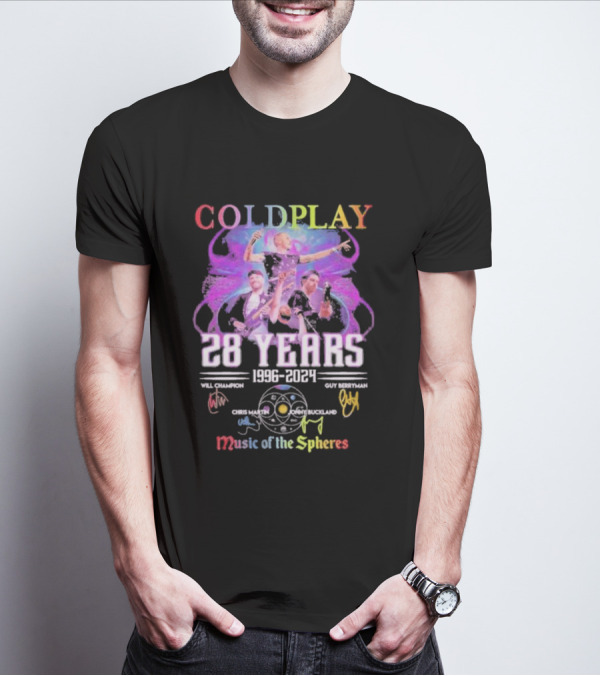 COLDPLAY 28 Years 1996-2024 Music Of The Spheres World Tour Signatures Will Champion Chris Martin Guy Berryman Jonny Buckland T-Shirt