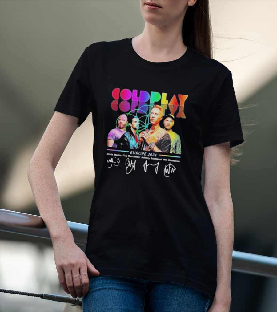 Coldplay Europe 2024 Chris Martin Guy Berryman Jonny Buckland Will Champion Signatures T-Shirt