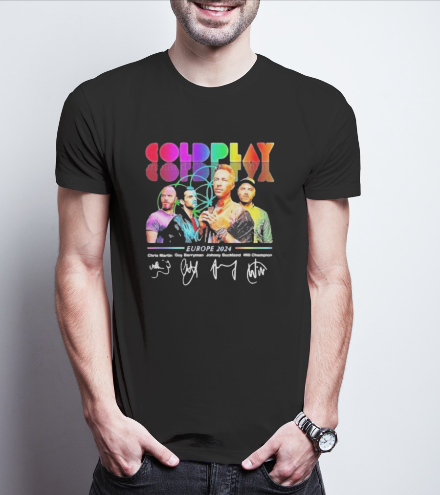 Coldplay Europe 2024 Chris Martin Guy Berryman Jonny Buckland Will Champion Signatures T-Shirt