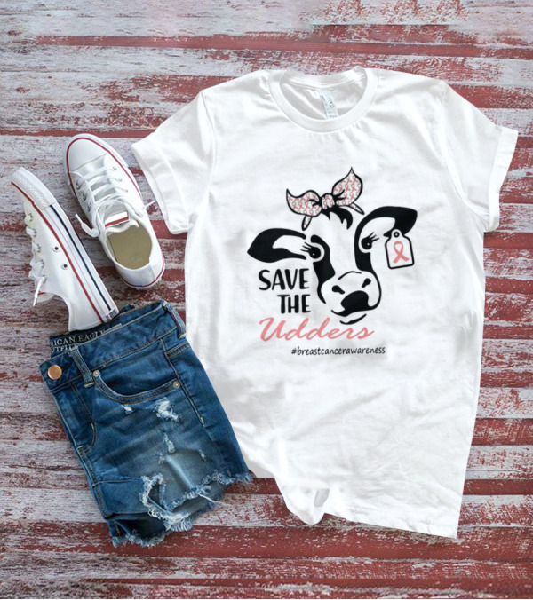 Cow Save The Udders Breast Cancer Awareness Ribbon Bow #breastcancerawareness T-Shirt