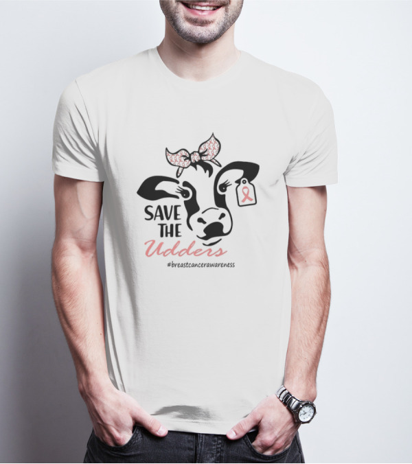 Cow Save The Udders Breast Cancer Awareness Ribbon Bow #breastcancerawareness T-Shirt
