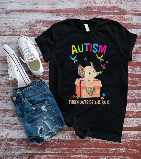 AUTISM Think Outside The Box Elephant With Puzzle Pieces And Butterflies T-Shirt