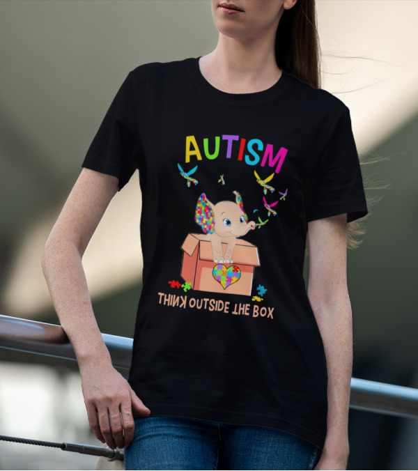 AUTISM Think Outside The Box Elephant With Puzzle Pieces And Butterflies T-Shirt
