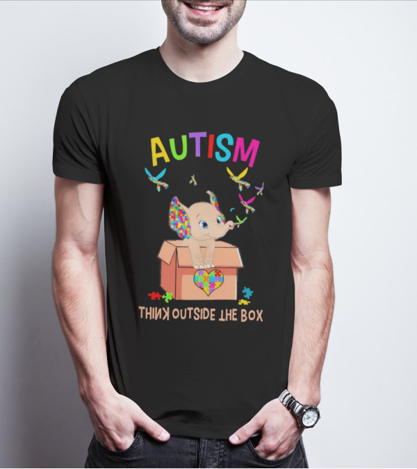AUTISM Think Outside The Box Elephant With Puzzle Pieces And Butterflies T-Shirt