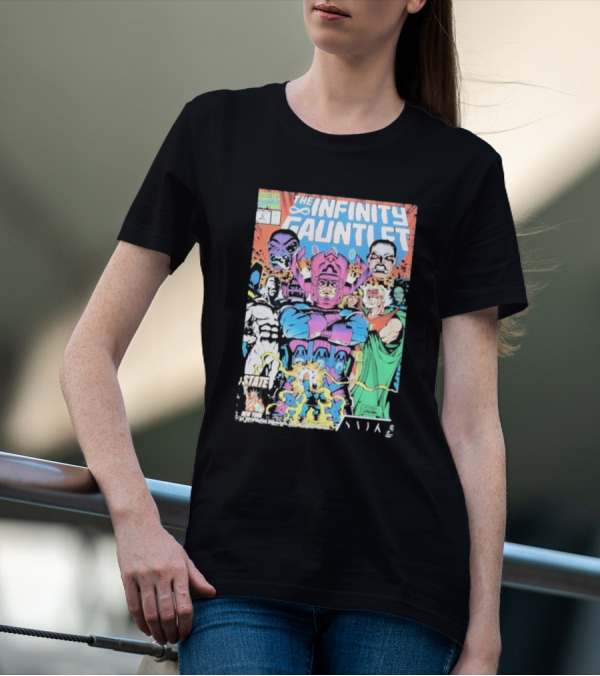 The Infinity Gauntlet Marvel Comics Cover Featuring Iconic Characters Galactus And Artistry T-Shirt