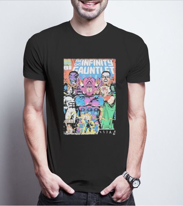 The Infinity Gauntlet Marvel Comics Cover Featuring Iconic Characters Galactus And Artistry T-Shirt