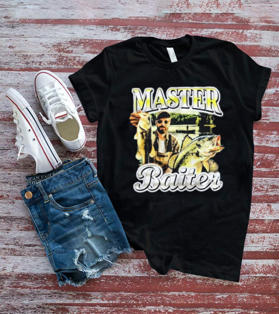 MASTER BAITER Fisherman Holding Fish In Lake Scene T-Shirt