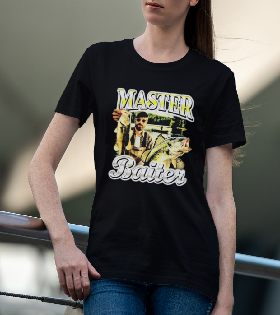 MASTER BAITER Fisherman Holding Fish In Lake Scene T-Shirt