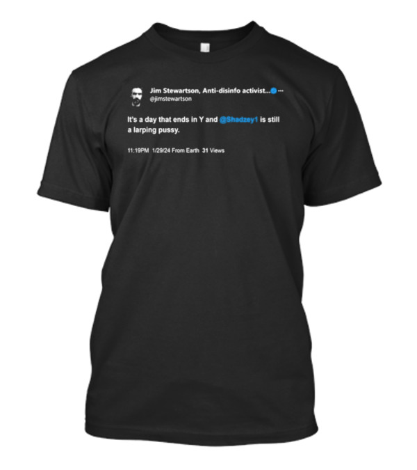 Jim Stewartson Anti-Disinfo Activist Tweet It's A Day That Ends In Y Shadzey1 Larping Comment T-Shirt