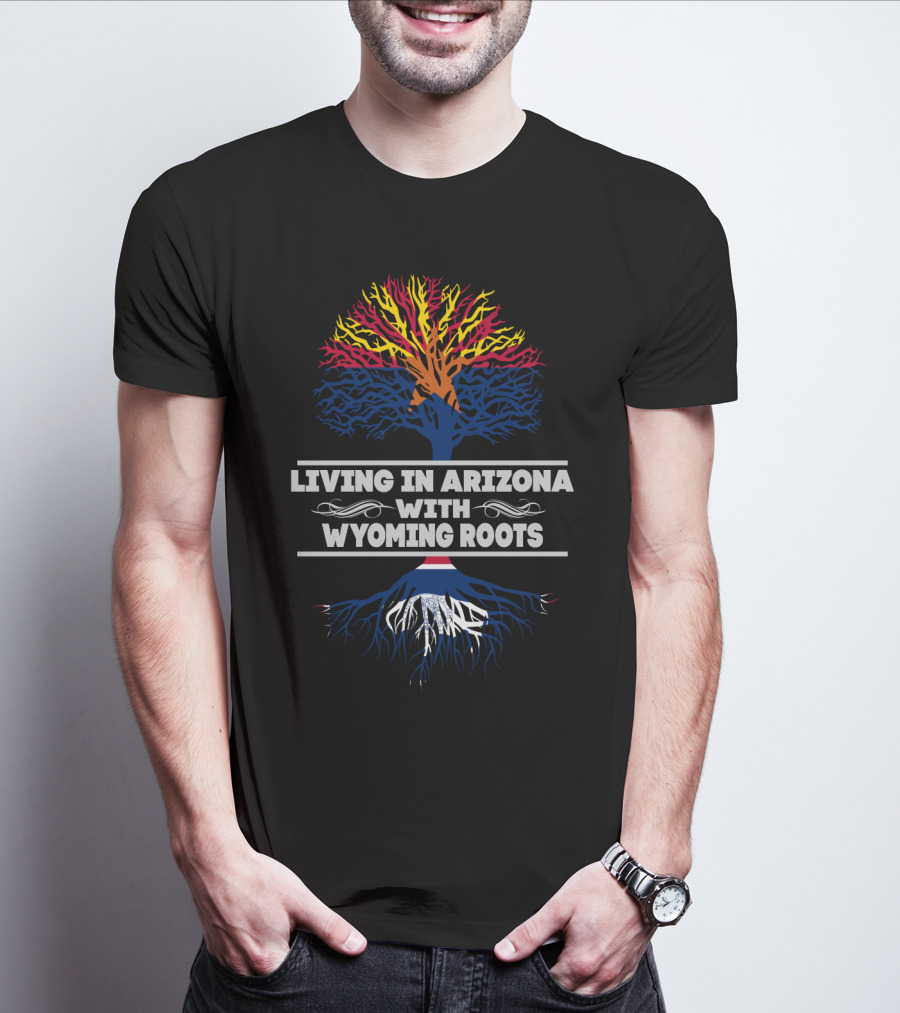 Living In Arizona With Wyoming Roots Tree With State Colors And Roots Symbolism T-Shirt