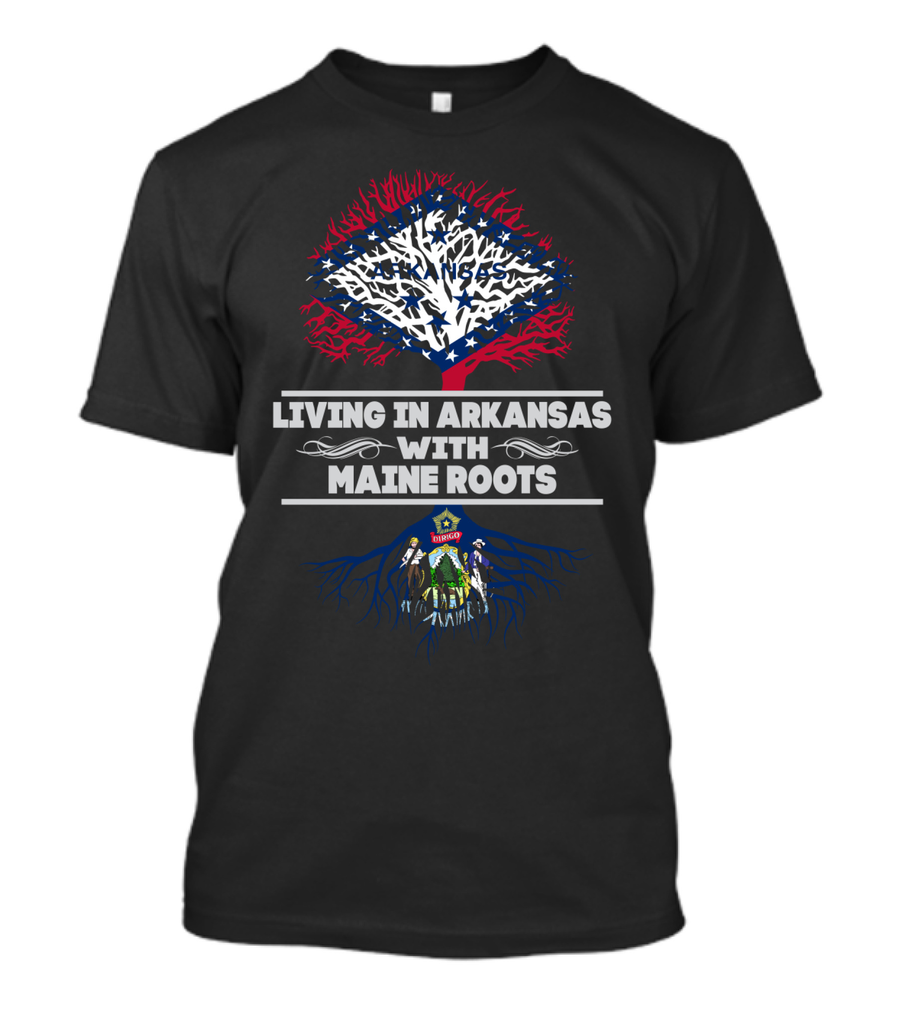 Living In Arkansas With Maine Roots Tree Design Featuring State Flags T-Shirt