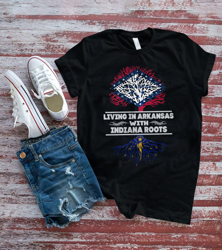 Living In Arkansas Embracing Indiana Roots With State Flag Tree Symbolism T-Shirt
