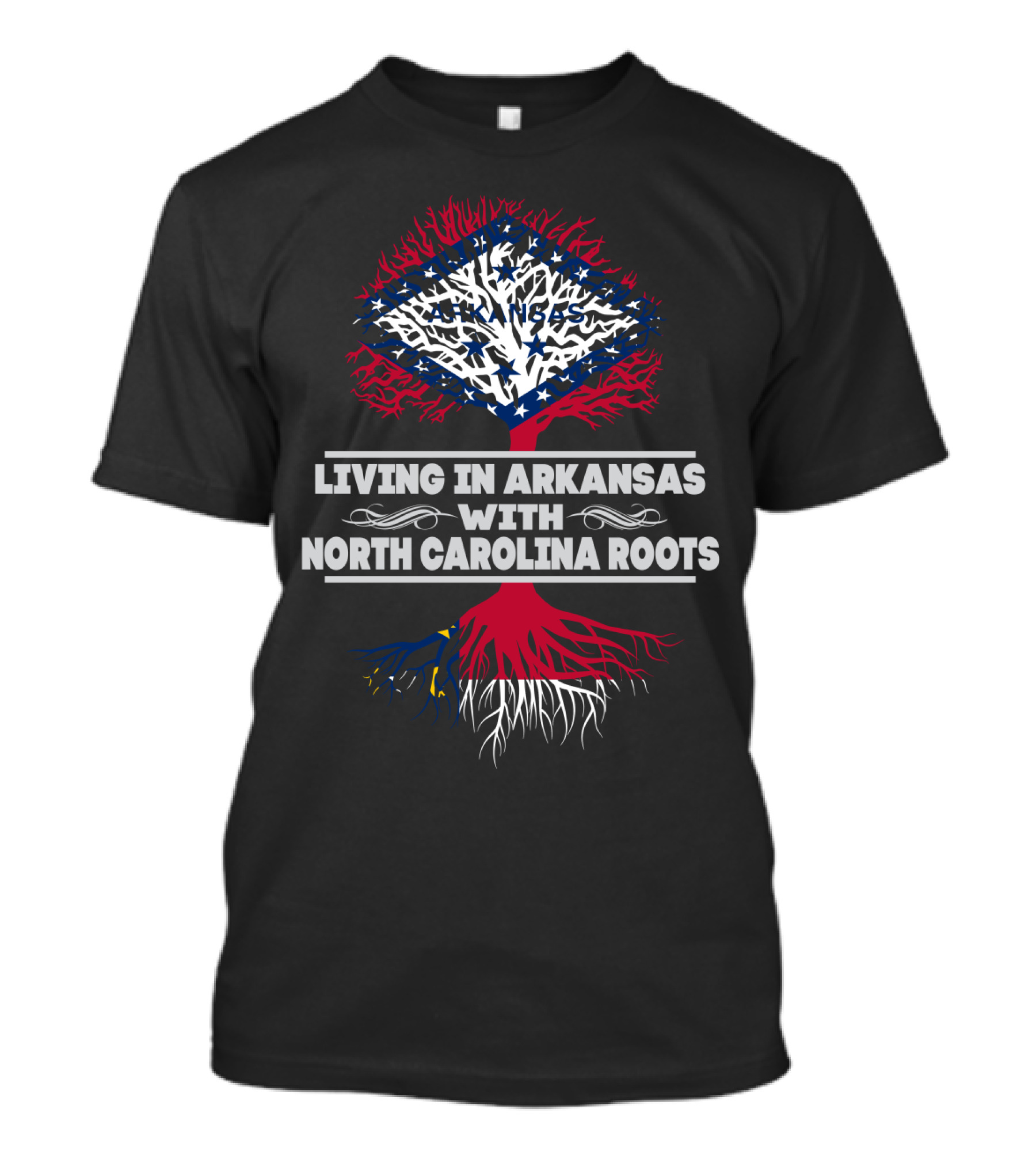 Living In Arkansas With North Carolina Roots Tree Design With State T-Shirt