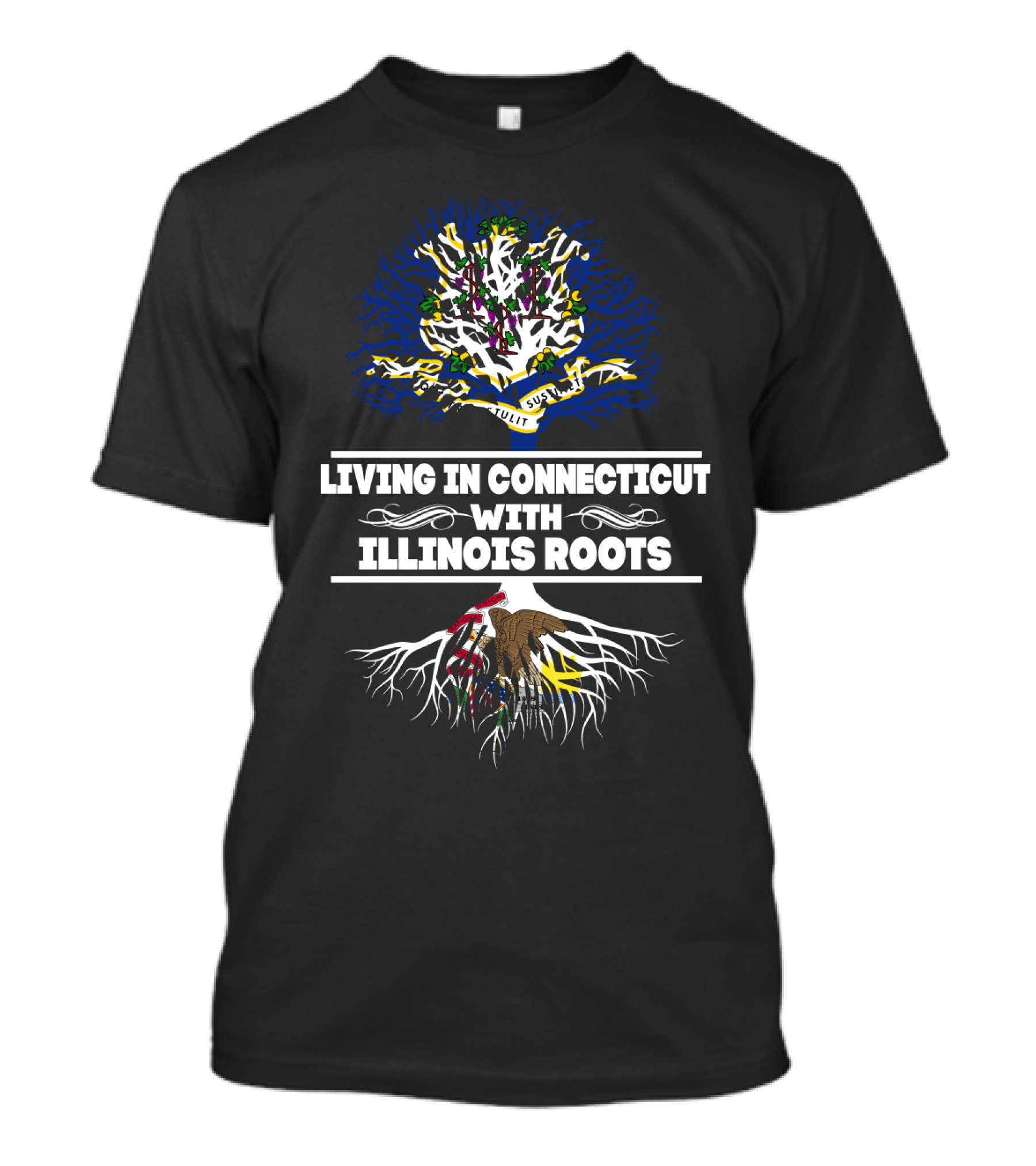 Living In Connecticut With Illinois Roots Tree With State Flag Colors And Seal Symbolism T-Shirt