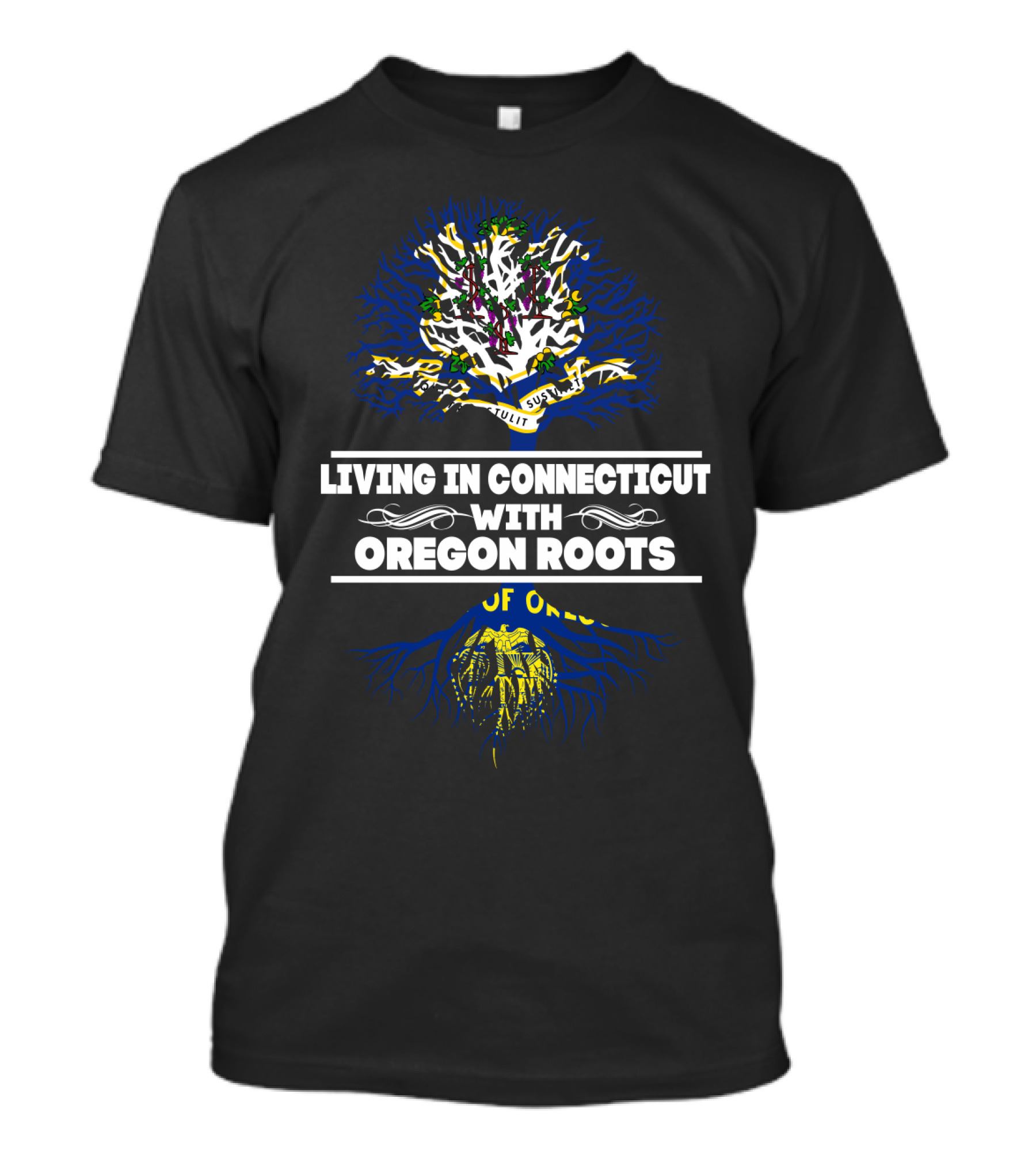 Living In Connecticut With Oregon Roots Tree Design Featuring State Flags T-Shirt